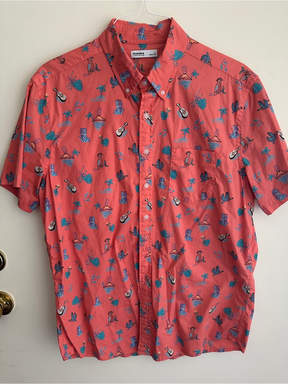 Sonoma Coral Short-Sleeve Button-Down Shirt with Tropical Print